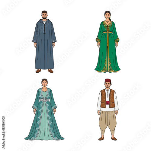 Illustrations of traditional North African and Middle Eastern clothing styles for men and women, including djellaba, caftan, and seroual.