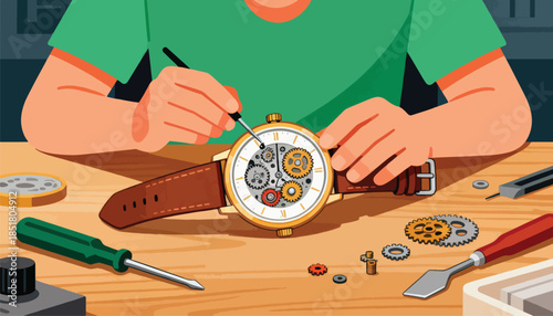 Hands delicately repair watch movement with tiny gears and tools