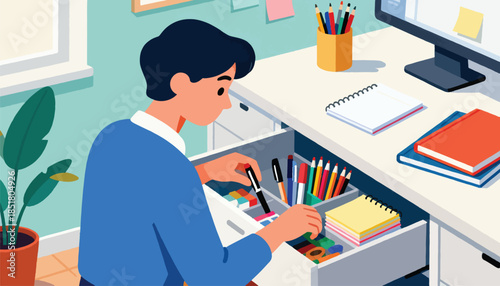 Person organizing colorful pens and stationery in a desk drawer