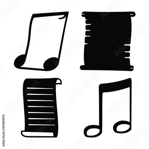 Hand drawn musical notes and paper scrolls vector illustration set