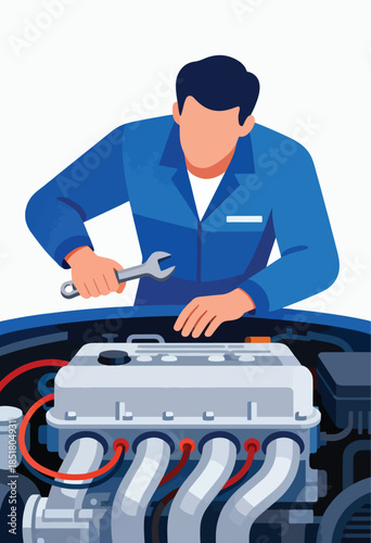 A person in blue overalls works on a car engine with a wrench