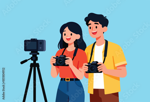 Young couple with cameras, ready to capture memories, with tripod in foreground