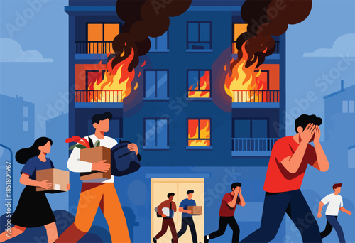 People fleeing a burning apartment building, carrying belongings
