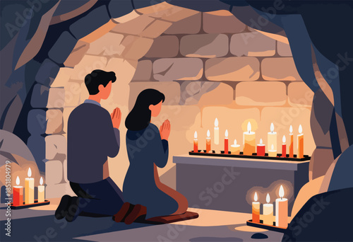 Couple praying in a stone cavern lit by numerous candles