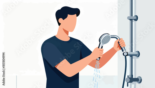 Person holding showerhead with water spraying