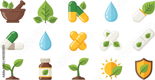 Collection of Natural Health and Herbal Medicine Icons.