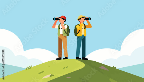 Two explorers with backpacks stand on a hill, looking through binoculars