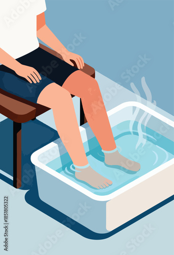 Person sitting in a chair, soaking feet in a steaming foot bath with water ripples