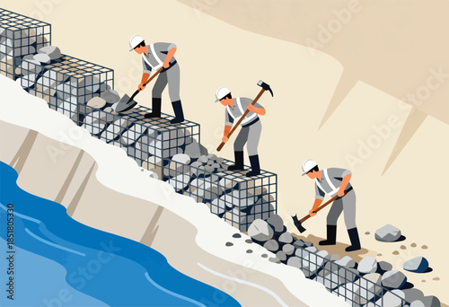 Three workers build a gabion wall by a river using shovels and pickaxes