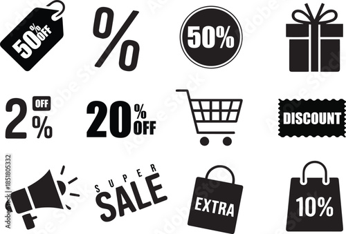 Variety of black discount icons percent tags shopping carts vector art