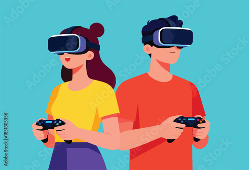 Young adults wearing VR headsets and holding controllers