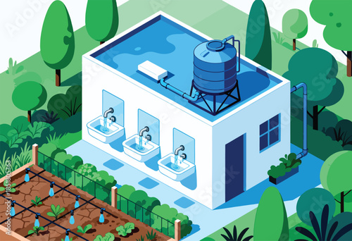 Building with water tank, sinks, garden with irrigation, and surrounding trees