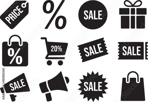 Collection of black sale discount icons price tags shopping vector art