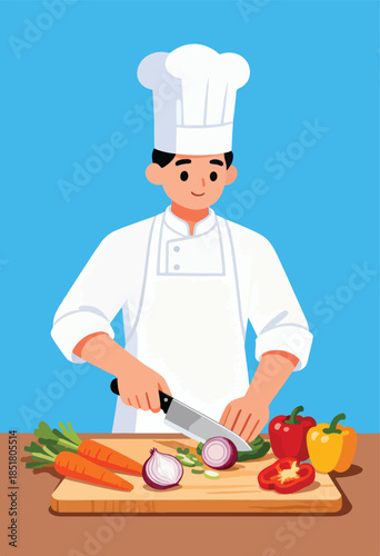 Chef in white uniform chops vegetables on a wooden board