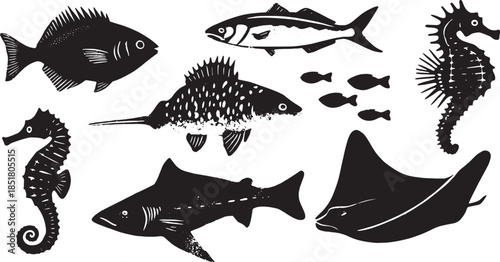 Set of marine animals: fish, seahorse, shark, and ray. Black and white vector illustration with a simple graphic style.