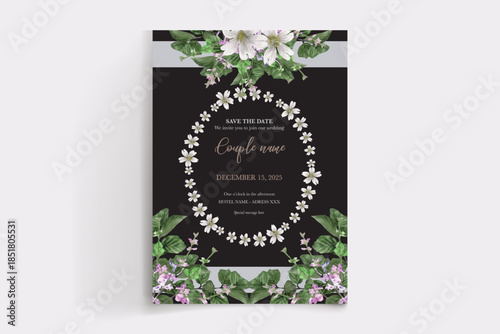 WEDDING INVITATION FRAME WITH FLOWER DECORATIONS AND FRESH LEAVES