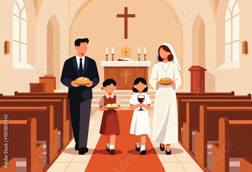 Family participating in communion inside a church, holding bread and wine