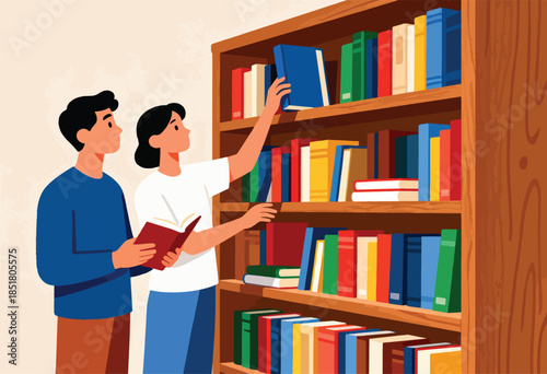 People selecting books from a wooden bookshelf filled with colorful volumes