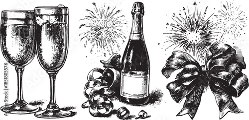 Champagne glasses and a bottle with fireworks in a festive style. Detailed black and white vector illustration featuring a celebratory set.