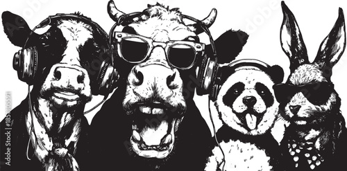 Animal characters: a cow, rabbit, panda, and other fun creatures wearing headphones and sunglasses. Unique cartoon vector illustration set.