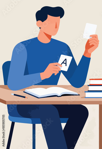 Young person holds up flashcard 'A' while studying at a desk with open book