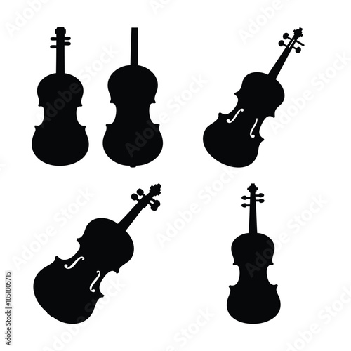 Classic black violin instrument silhouettes set on white.