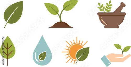 Collection of nature and herbal medicine themed icons representing growth and natural remedies.