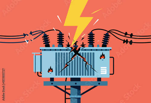 An electrical transformer cracks under a lightning strike, sparks fly