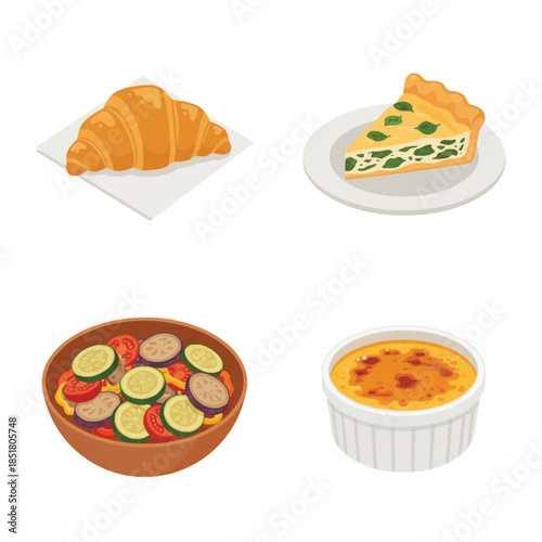 A collection of various French-inspired dishes including a croissant, quiche, vegetable salad, and crème brûlée, presented as vector illustrations.