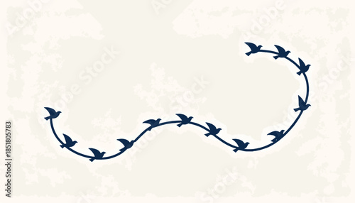 Silhouette flock of birds in flight curving across a textured, light background