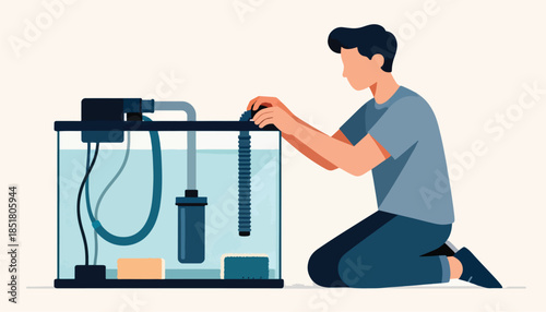 Person tending to an aquarium filter system with a blue filter and hoses