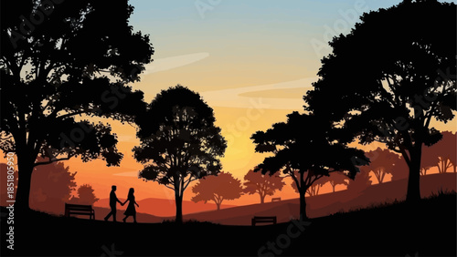 Couple holding hands walking in a park at sunset.