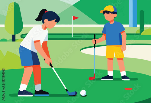 Children practice golf on a bright green course under a stylized sky
