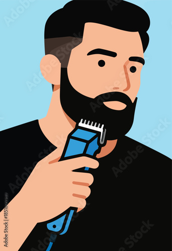 Close-up of a man using an electric trimmer on his beard
