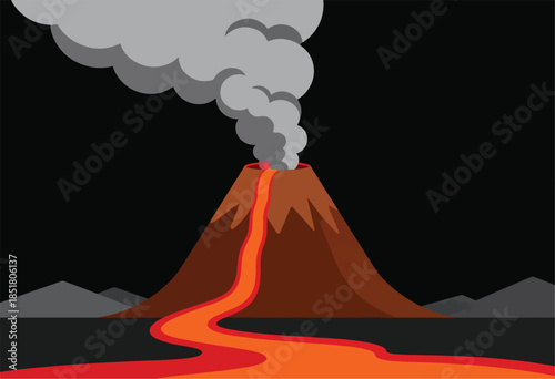 Cartoon volcano erupting molten lava and spewing ash into the night sky