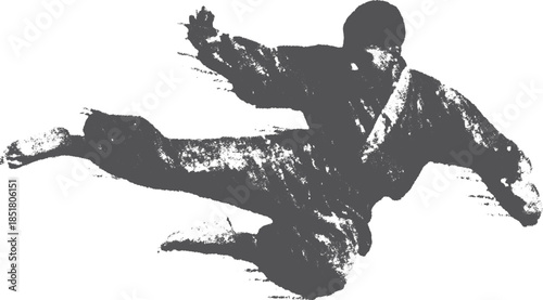 Karate action in a dynamic pose. Black silhouette on a white background depicting martial art vector illustration.