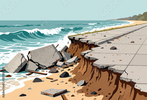 Coastal erosion has destroyed a section of paved walkway by the sea