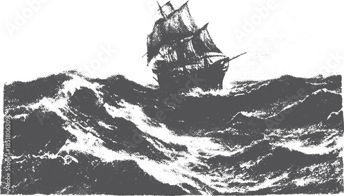 Classic ship sailing through stormy ocean waves. This black and white vector illustration captures a traditional maritime scene.