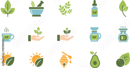 Herbal medicine and natural health flat icon set.