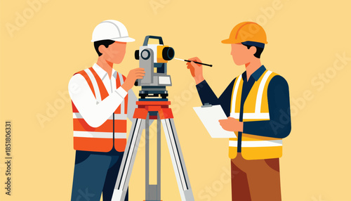 Two surveyors in hard hats and high-visibility vests work with measuring equipment