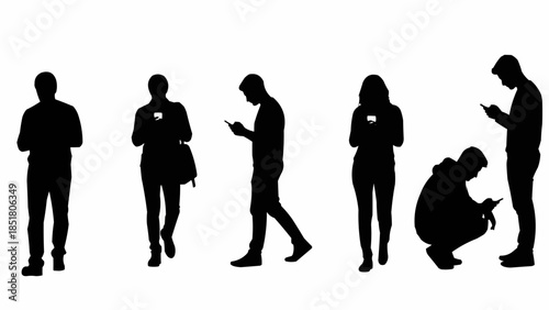 Silhouettes of people engrossed in their smartphones in various poses.