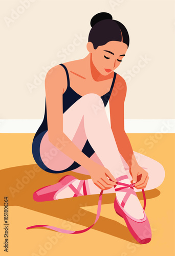Graceful dancer tying ballet slippers, poised for movement on a studio floor