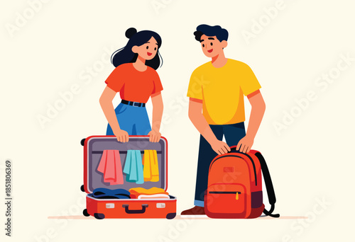 Couple packing luggage and backpack for a trip