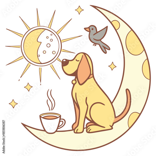 Vector illustration of a Funny Bloodhound with sitting on a moon, styled in a Morning sunshine theme using Sunny Mornings colors