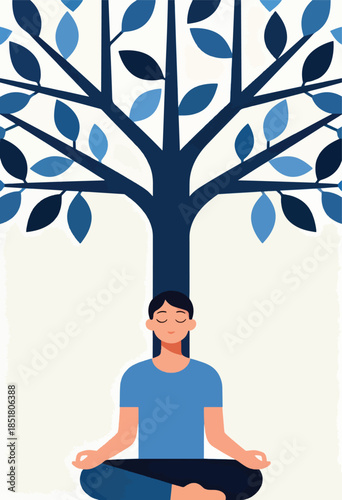 Person meditates under a stylized blue tree with varied leaf tones