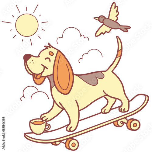 A Cheerful Bloodhound with riding a skateboard in a Morning sunshine theme – Sunny Mornings palette SVG illustration