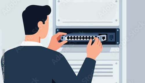 Person plugging network cable into server rack