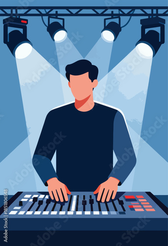 A person manipulates a soundboard under stage lights