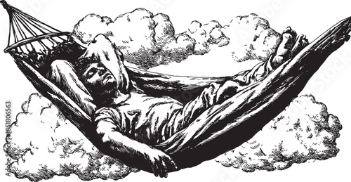Man sleeping in a hammock among clouds. Artistic black and white vector illustration of relaxation and peaceful moments.