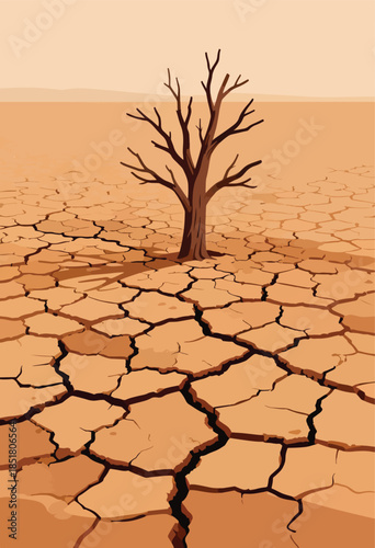 A lone, barren tree stands in cracked, dry earth under a pale sky